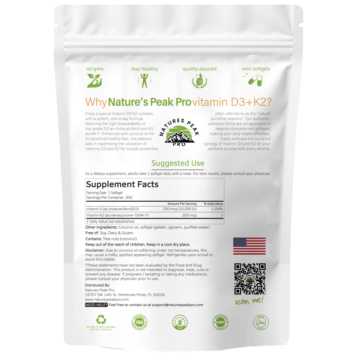 D3 + K2 (MK7) with Coconut Oil - 300 Softgels/Bag