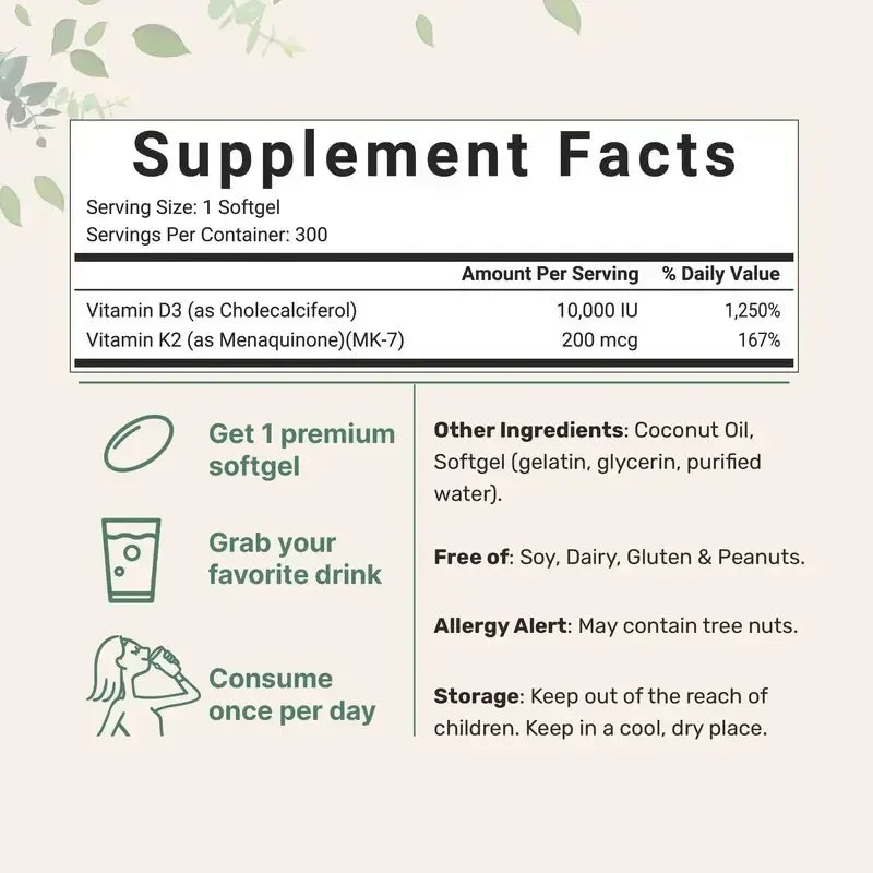 D3 + K2 (MK7) with Coconut Oil - 300 Softgels/Bag